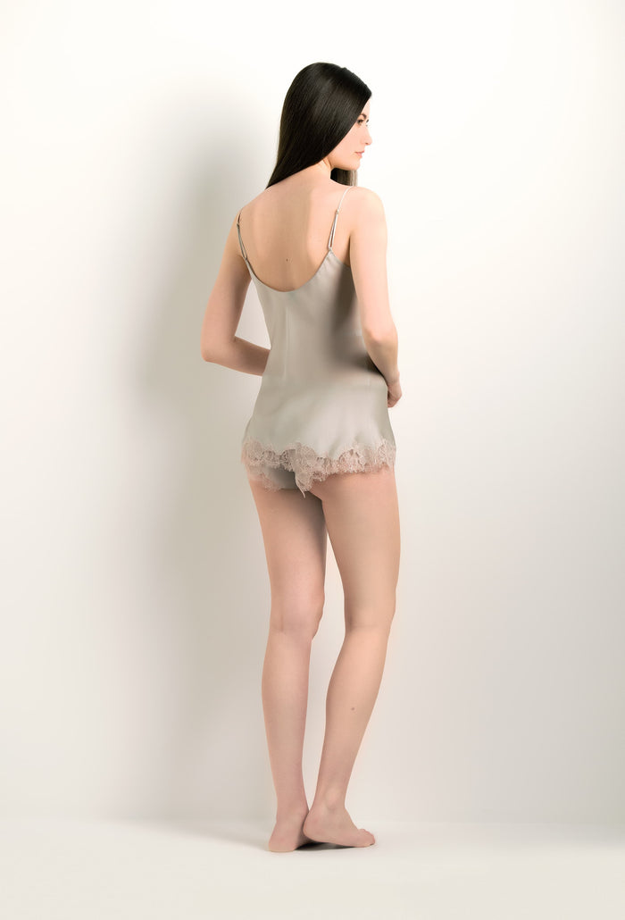 Carine Gilson Caraco En Soie Gris Perle Et Dentelle Elisa Rosa