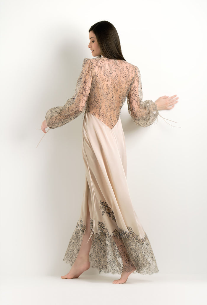 Carine Gilson Déshabillé En Soie Ecume Et Dentelle Elisa BeigeNavy