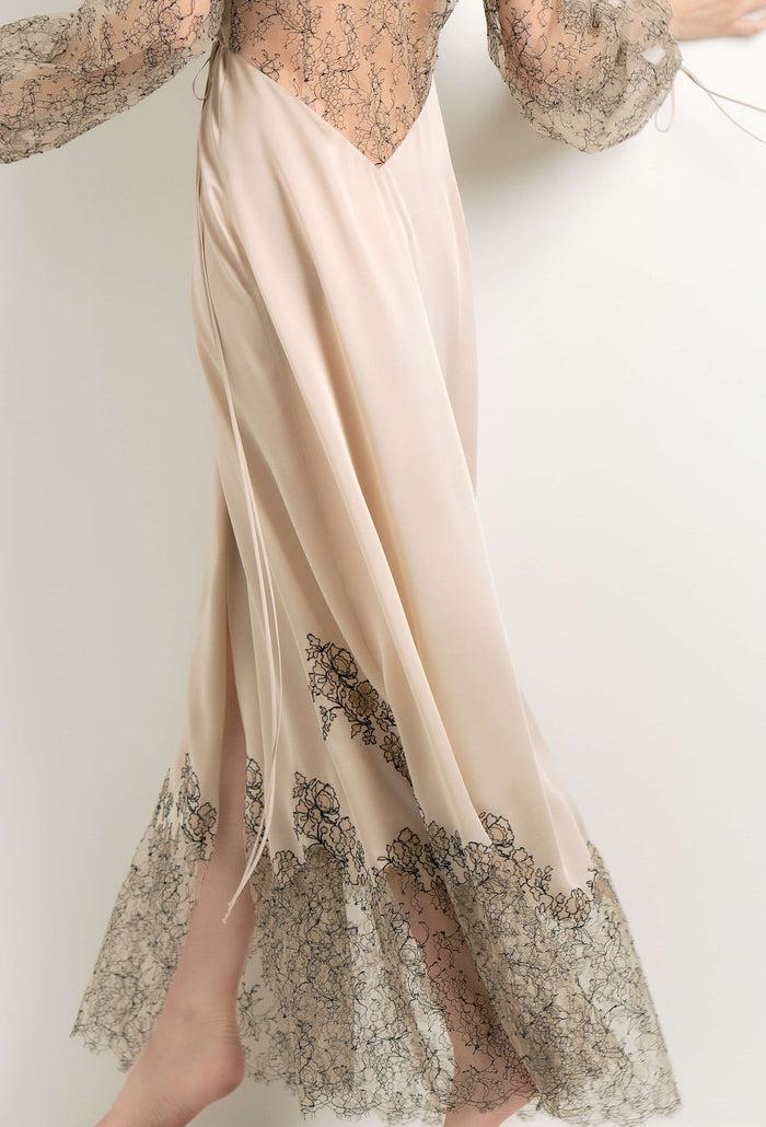 Carine Gilson Déshabillé En Soie Ecume Et Dentelle Elisa BeigeNavy