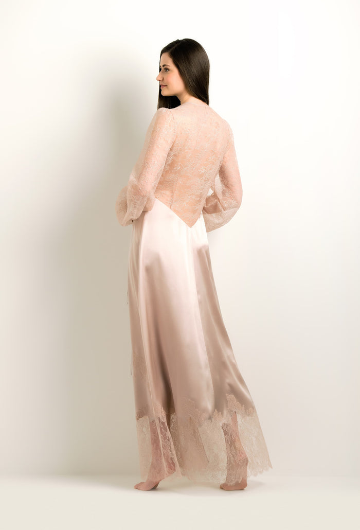 Carine Gilson Deshabille Long En Soie - Tourterelle Et Dentelle Rosa Caudry