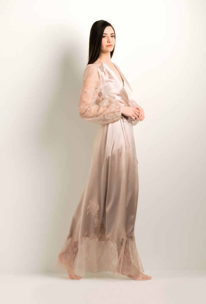 Carine Gilson Deshabille Long En Soie - Tourterelle Et Dentelle Rosa Caudry