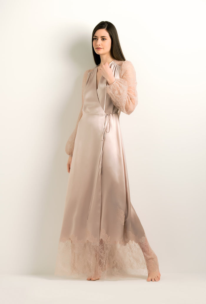 Carine Gilson Deshabille Long En Soie - Tourterelle Et Dentelle Rosa Caudry