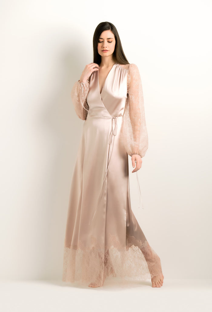 carine gilson Deshabille long en soie - Tourterelle et dentelle Rosa Caudry
