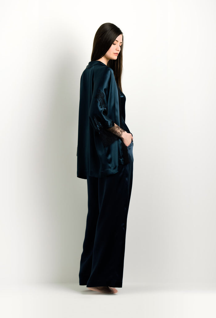 Carine Gilson Kimono Court à Manches Raglan Smokingblue Et Dentelle Elisa Noire