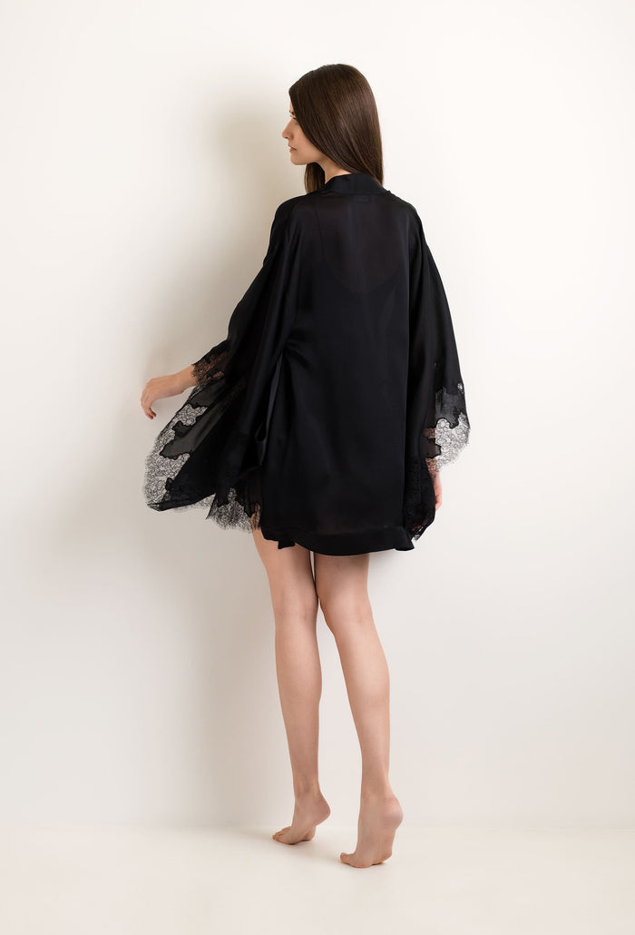Carine Gilson Kimono Court En Soie - Dentelle De Caudry Noire Et Noire