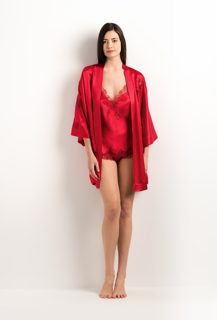 Carine Gilson Kimono Court En Soie Rouge Flamme Et Dentelle Elisa Rouge