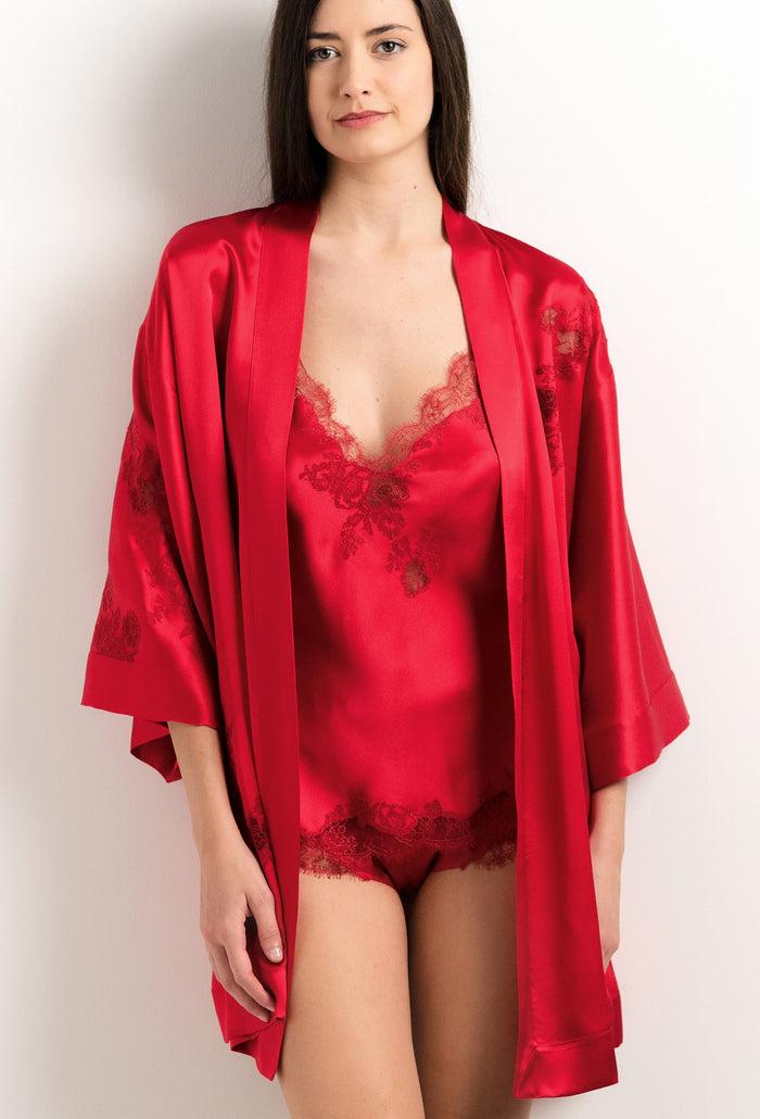 Carine Gilson Kimono Court En Soie Rouge Flamme Et Dentelle Elisa Rouge