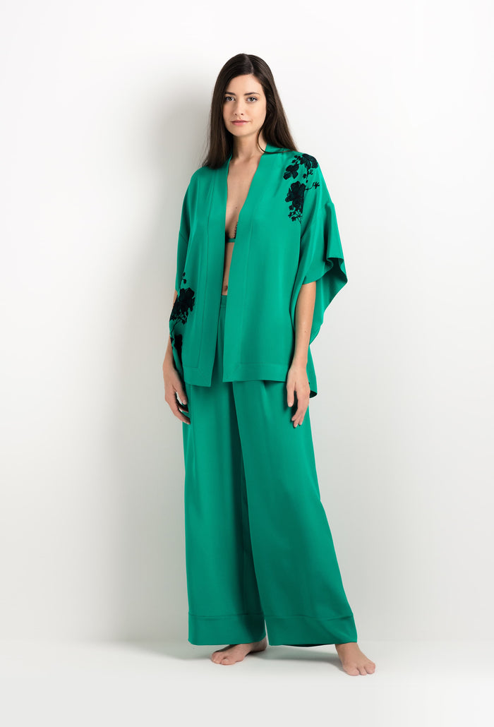 Carine Gilson Kimono Court Vert Jade Et Dentelle Sakura Noire