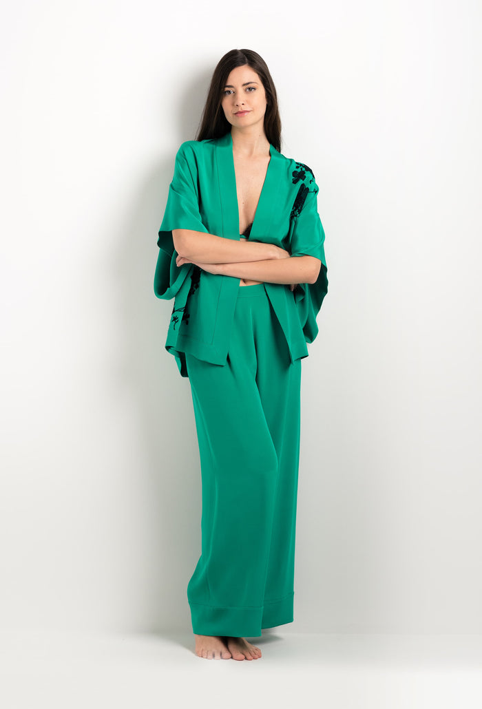 Carine Gilson Kimono Court Vert Jade Et Dentelle Sakura Noire