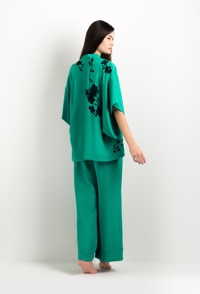 Carine Gilson Kimono Court Vert Jade Et Dentelle Sakura Noire