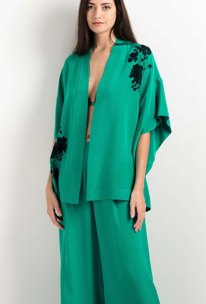 carine gilson Kimono court vert jade et dentelle Sakura noire