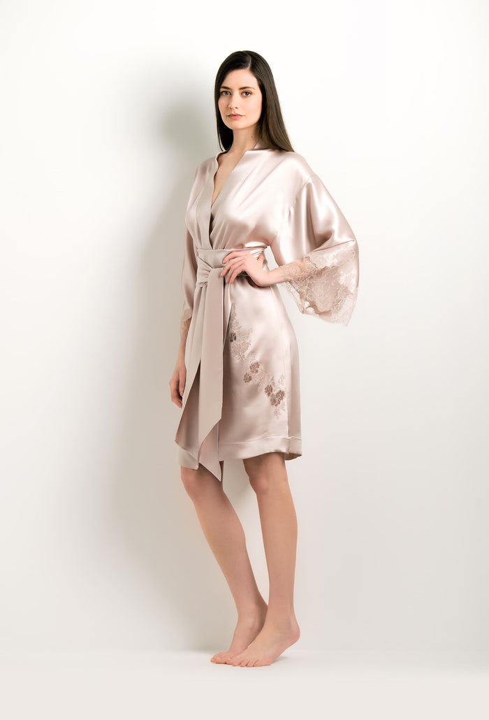 Carine Gilson Kimono En Soie - Tourterelle Et Dentelle Rosa Caudry
