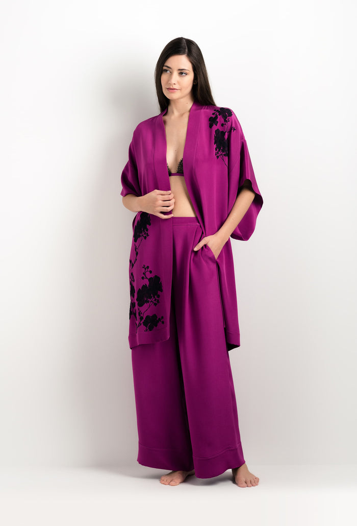 Carine Gilson Kimono En Soie Violine Et Dentelle Sakura Noire