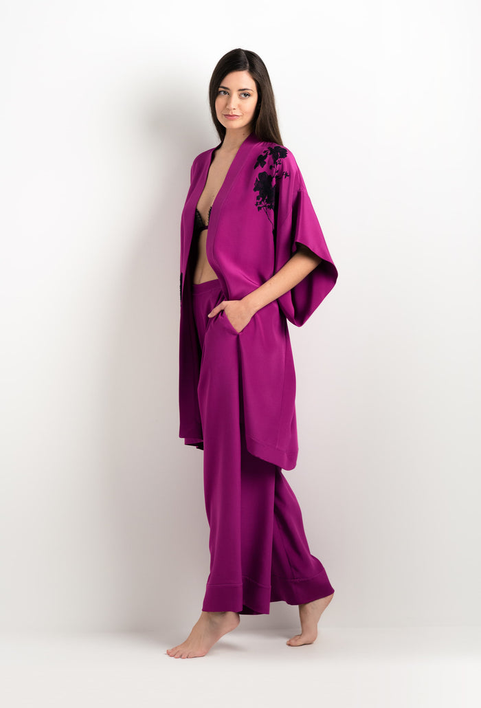 Carine Gilson Kimono En Soie Violine Et Dentelle Sakura Noire
