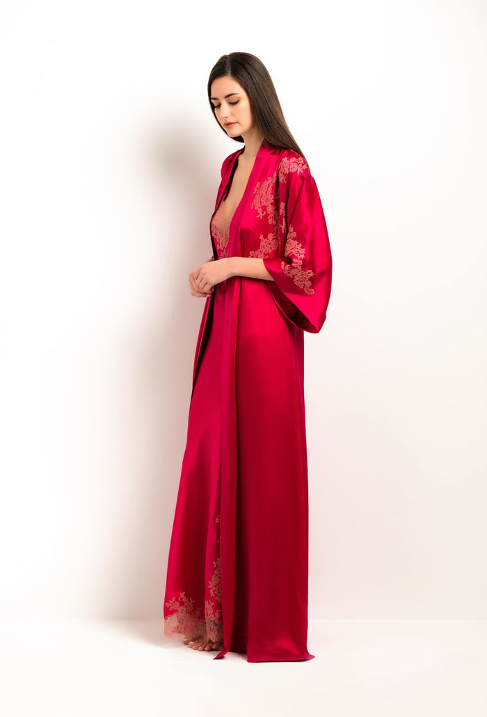 Carine Gilson Kimono Long En Soie - Dentelle Cérès Rouge Love Et Vieux Rose