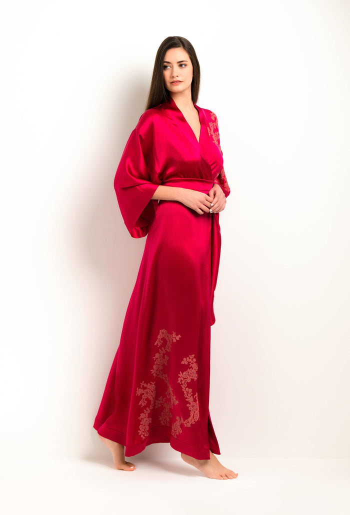 Carine Gilson Kimono Long En Soie - Dentelle Cérès Rouge Love Et Vieux Rose