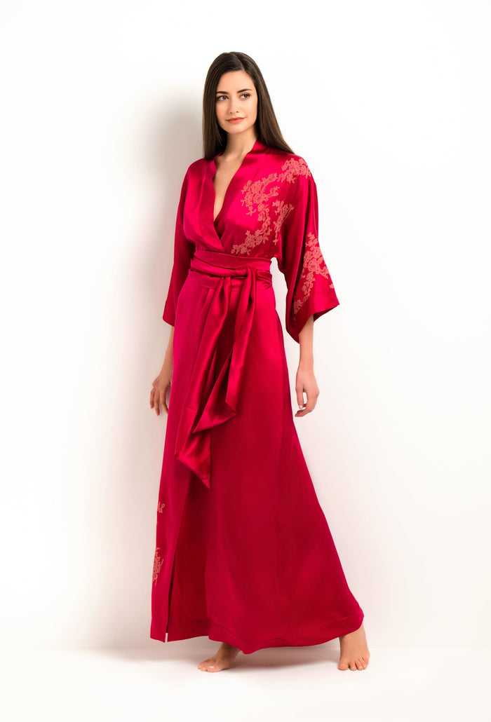 Carine Gilson Kimono Long En Soie - Dentelle Cérès Rouge Love Et Vieux Rose
