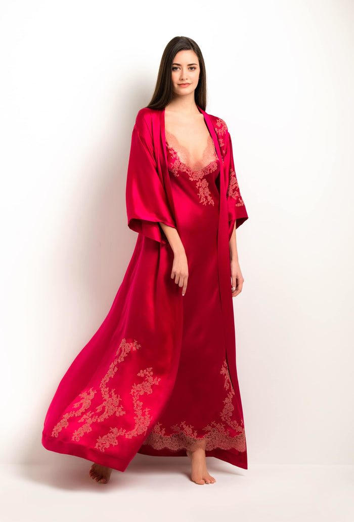 carine gilson Kimono long en soie - Dentelle Cérès rouge Love et vieux rose