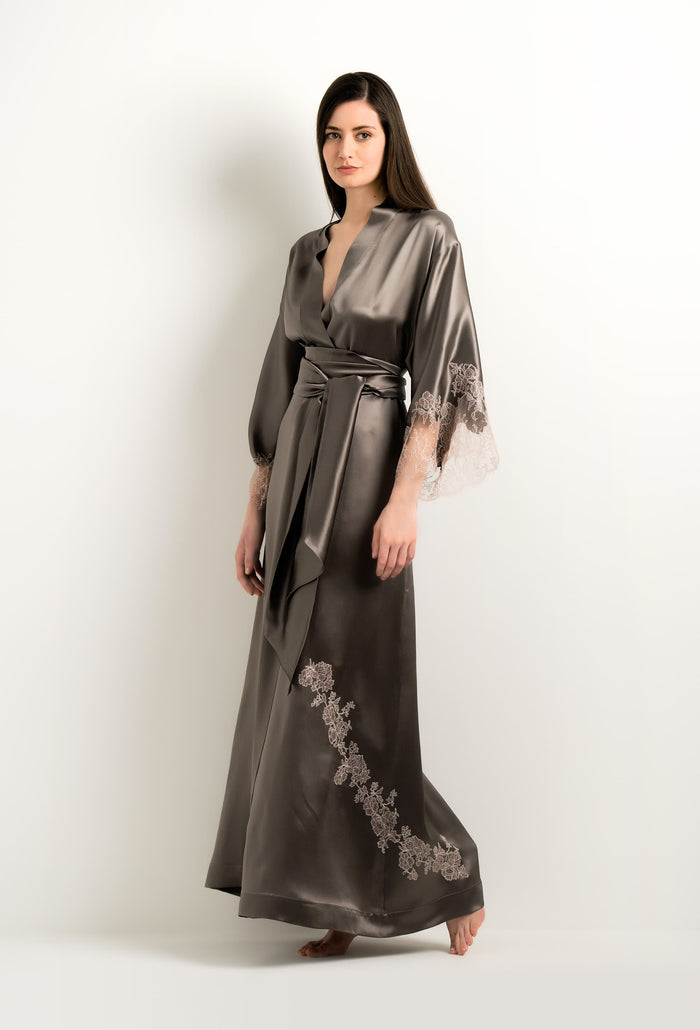 Carine Gilson Kimono Long En Soie - Gris Chaud Et Dentelle Rosa Caudry