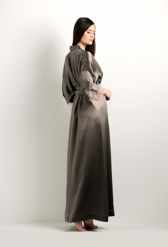 Carine Gilson Kimono Long En Soie - Gris Chaud Et Dentelle Rosa Caudry