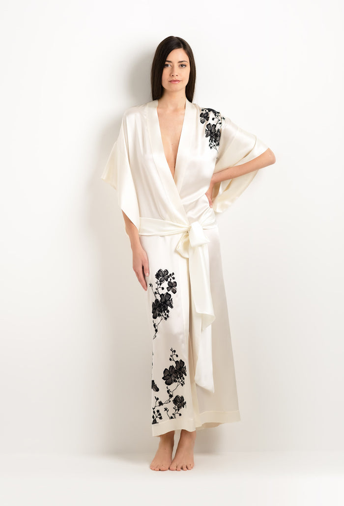 Carine Gilson Kimono Long En Soie Perle Et Dentelle Sakura Noire
