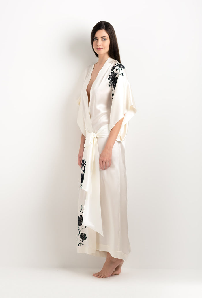 Carine Gilson Kimono Long En Soie Perle Et Dentelle Sakura Noire