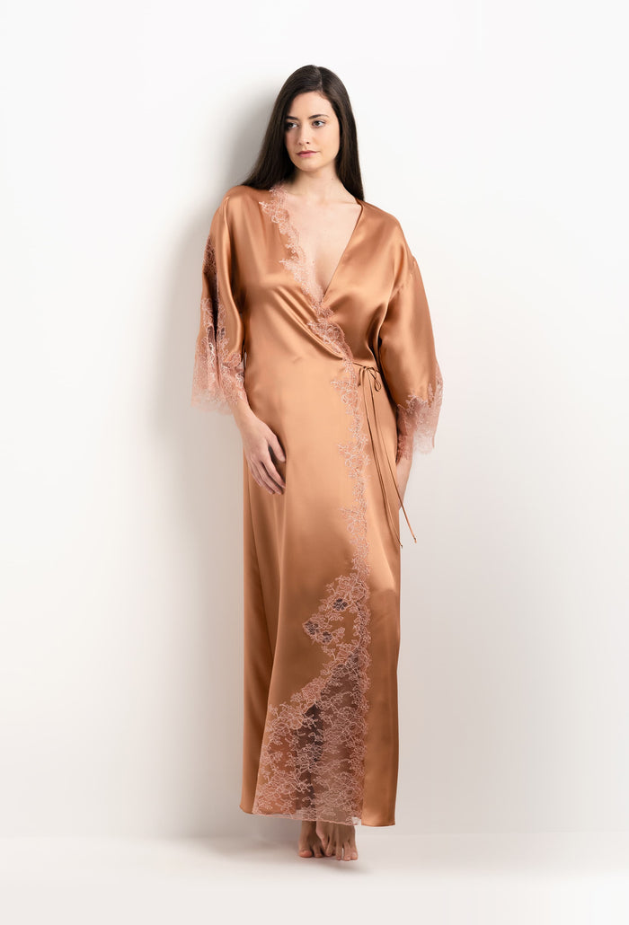 Carine Gilson Kimono Long En Soie Sahara Et Dentelle Elisa Rose Clair