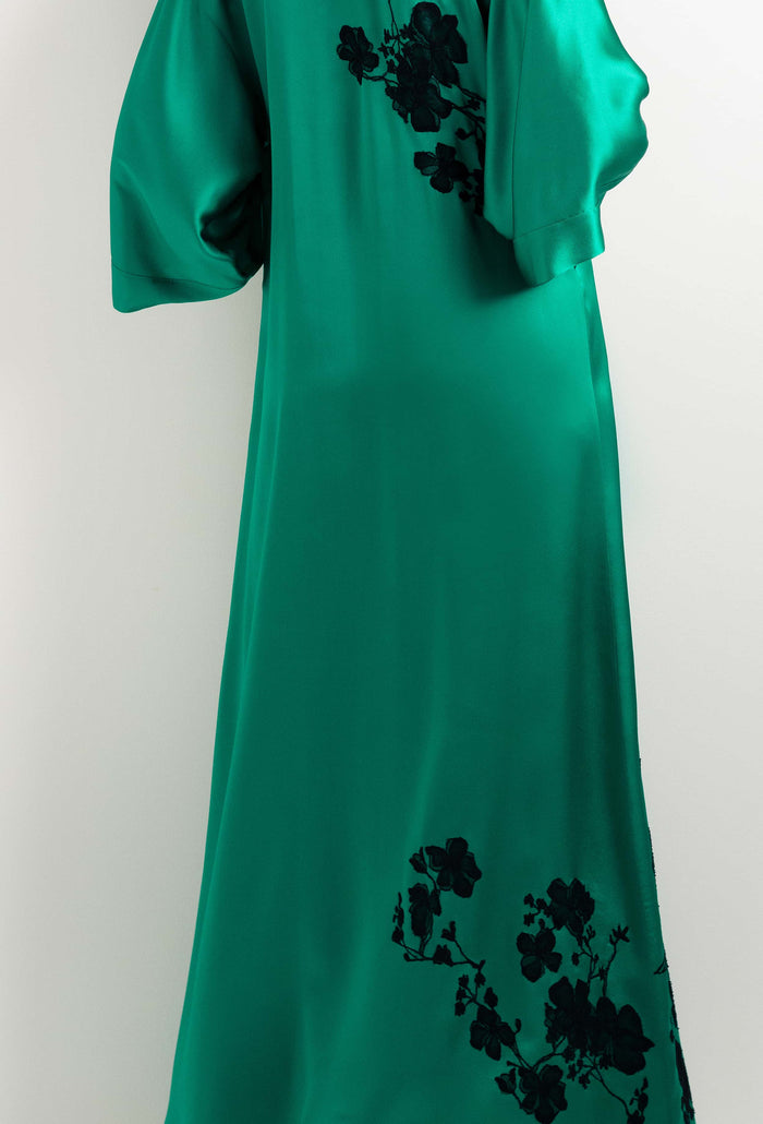 Carine Gilson Kimono Long En Soie Vert Jade Et Dentelle Sakura Noire