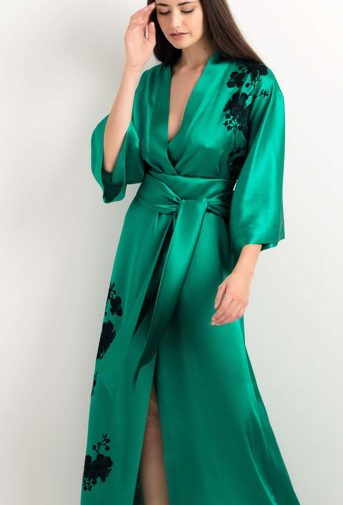 Carine Gilson Kimono Long En Soie Vert Jade Et Dentelle Sakura Noire