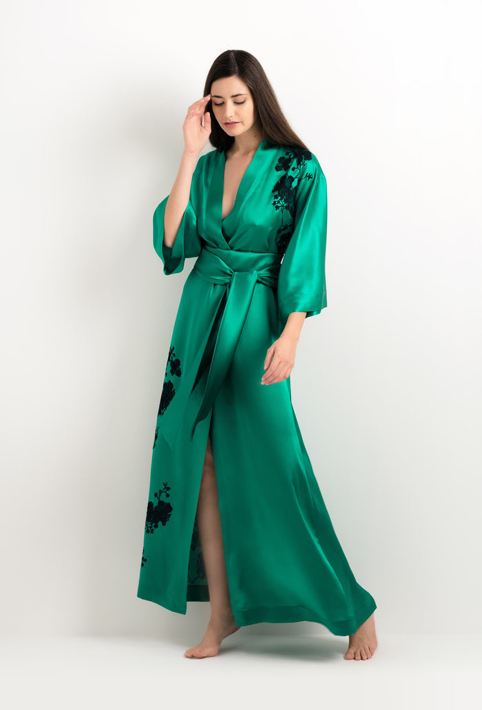 Carine Gilson Kimono Long En Soie Vert Jade Et Dentelle Sakura Noire