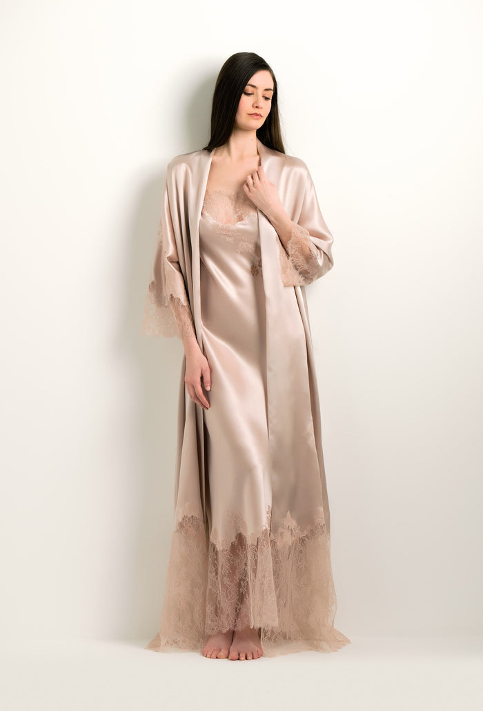 Carine Gilson Kimono Long Style Raglan - Tourterelle Et Dentelle Rosa Caudry