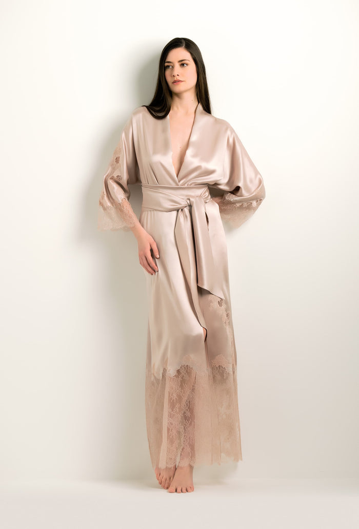 Carine Gilson Kimono Long Style Raglan - Tourterelle Et Dentelle Rosa Caudry