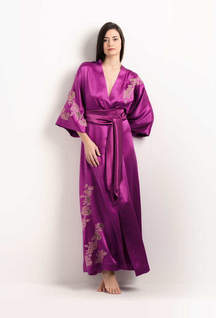 Carine Gilson Long Kimono De Soie Cassis Et Dentelle Elisa Rose Clair
