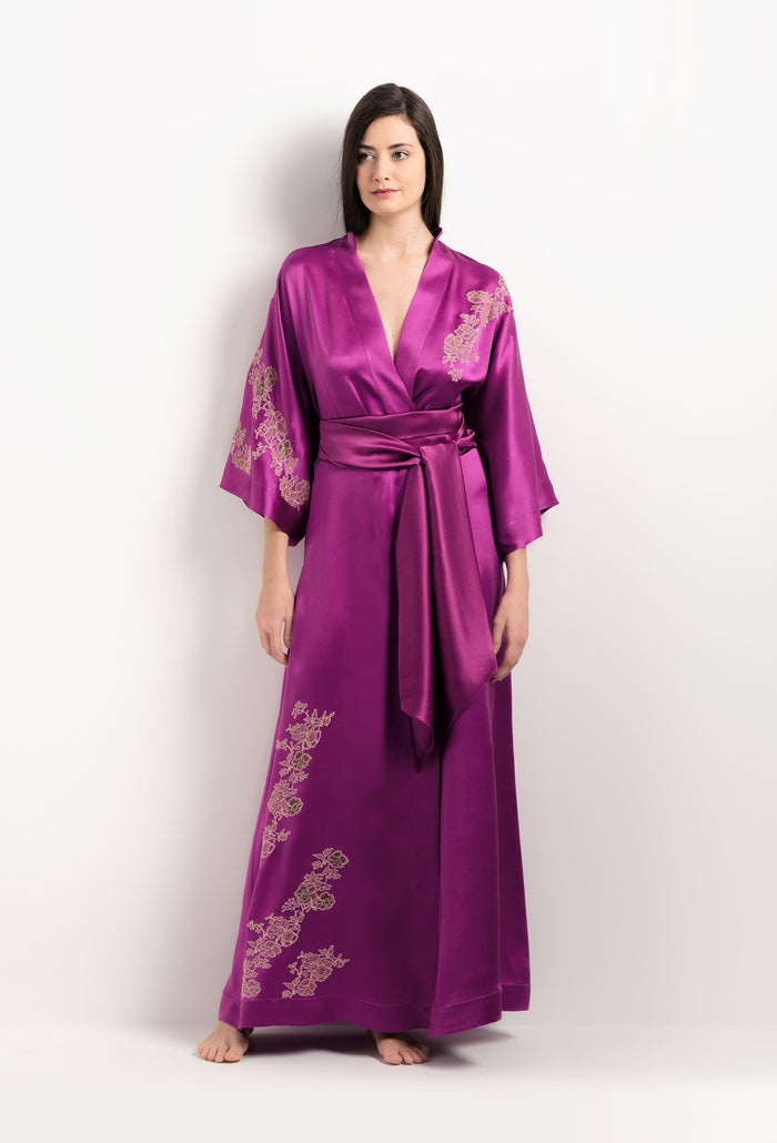 Carine Gilson Long Kimono De Soie Cassis Et Dentelle Elisa Rose Clair