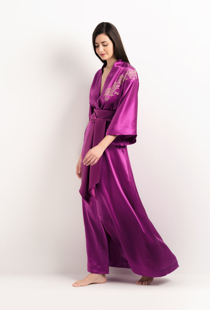 Carine Gilson Long Kimono De Soie Cassis Et Dentelle Elisa Rose Clair