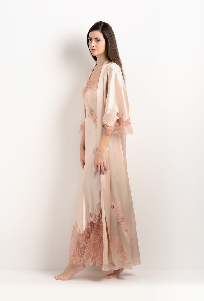 Carine Gilson Long Kimono De Soie Rose Poudre Et Dentelle Elisa Rose Clair