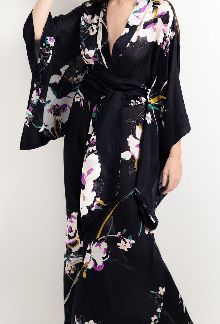 carine gilson Long kimono en soie Ombre de paradis noire