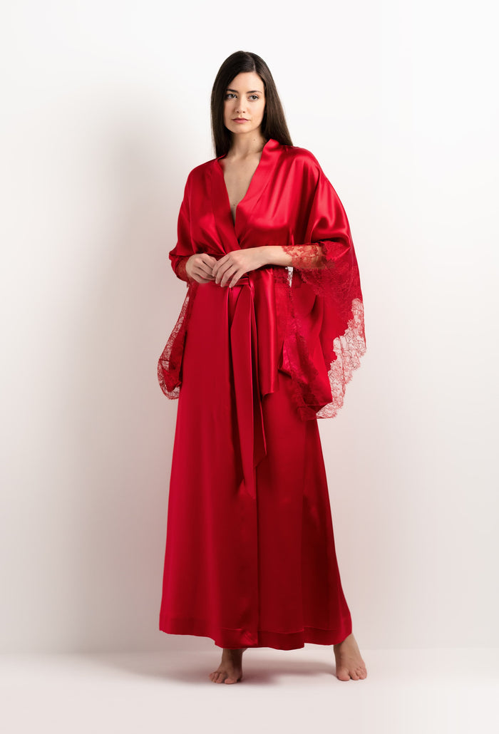 Carine Gilson Long Kimono En Soie Rouge Flamme Et Dentelle Elisa Rouge
