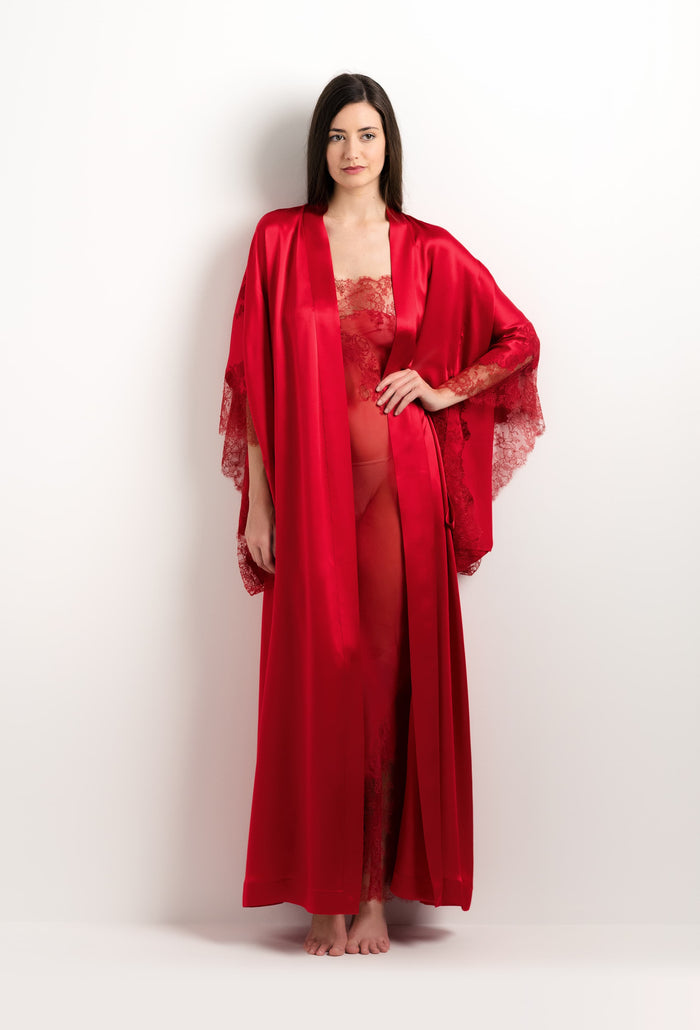 Carine Gilson Long Kimono En Soie Rouge Flamme Et Dentelle Elisa Rouge