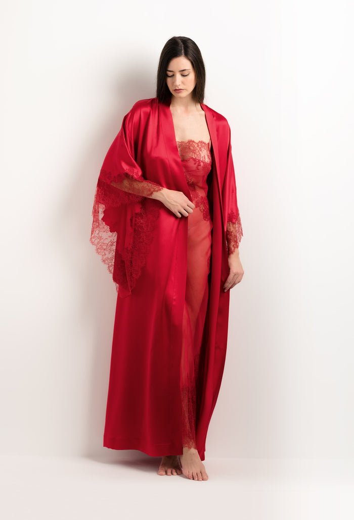 Carine Gilson Long Kimono En Soie Rouge Flamme Et Dentelle Elisa Rouge