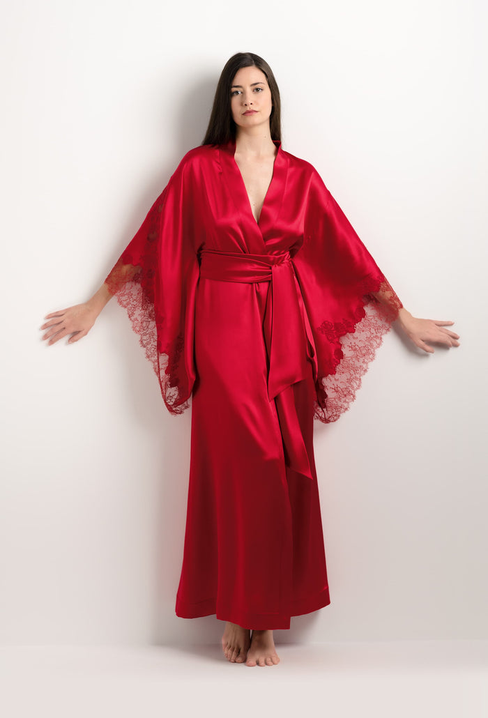 carine gilson Long kimono en soie rouge flamme et dentelle Elisa Rouge