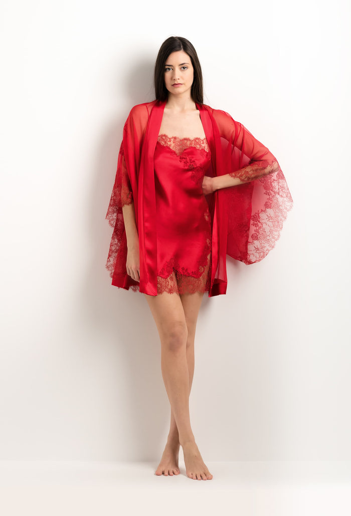 Carine Gilson Nuisette Courte En Soie Rouge Flamme Et Dentelle Elisa Rouge