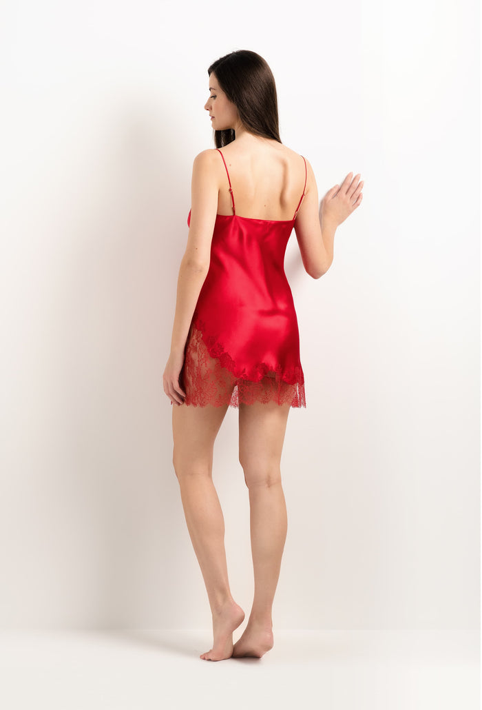 Carine Gilson Nuisette Courte En Soie Rouge Flamme Et Dentelle Elisa Rouge