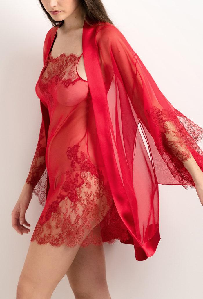 Carine Gilson Nuisette Courte En Soie Rouge Flamme Et Dentelle Elisa Rouge
