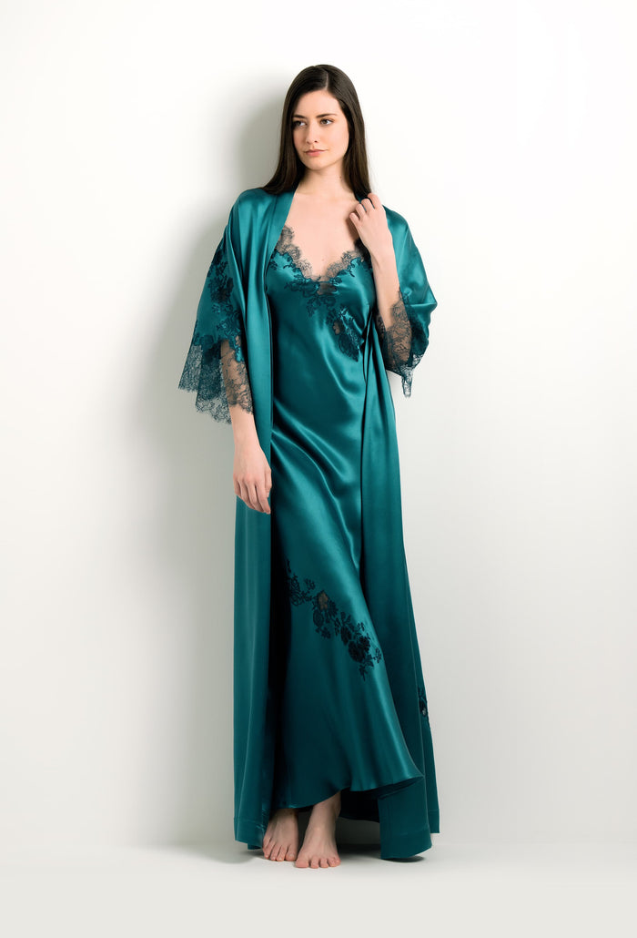 Carine Gilson Robe Longue En Soie Bleu Empire Et Dentelle Elisa Emeraude