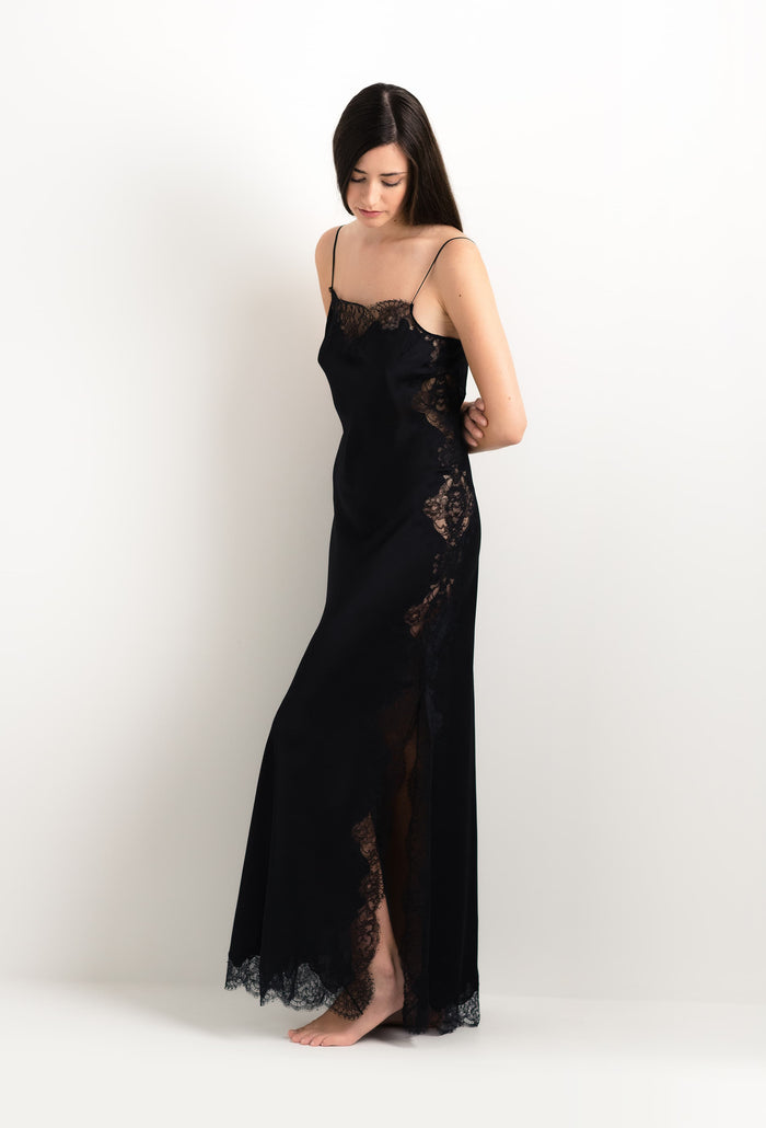 carine gilson Robe longue en soie noire et dentelle Sonia noire