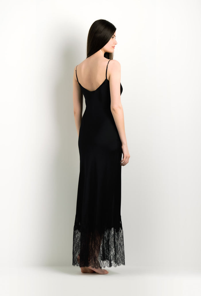 Carine Gilson Robe Longue En Soie Noire Légère Et Dentelle Elisa Noire