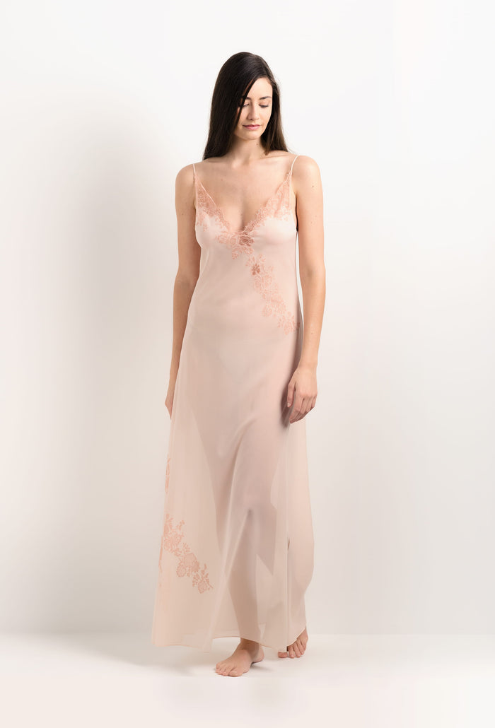 Carine Gilson Robe Longue En Soie Rose Poudre Et Dentelle Elisa Rose Clair