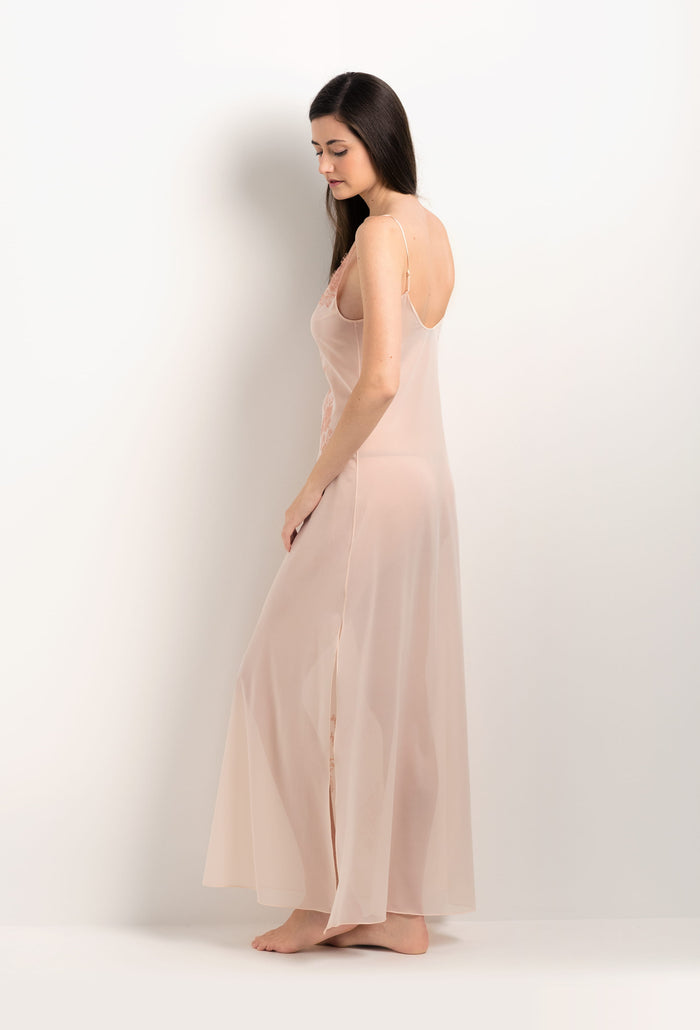 Carine Gilson Robe Longue En Soie Rose Poudre Et Dentelle Elisa Rose Clair