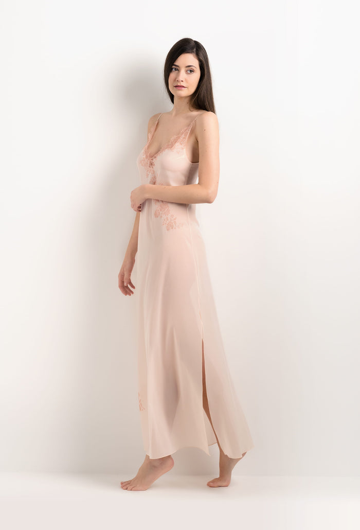 Carine Gilson Robe Longue En Soie Rose Poudre Et Dentelle Elisa Rose Clair